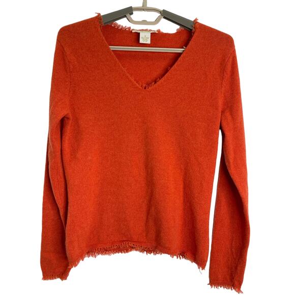 Peck & Peck Womens 100% Cashmere V Neck Sweater Burnt Orange Fringe M/S - Picture 1 of 6